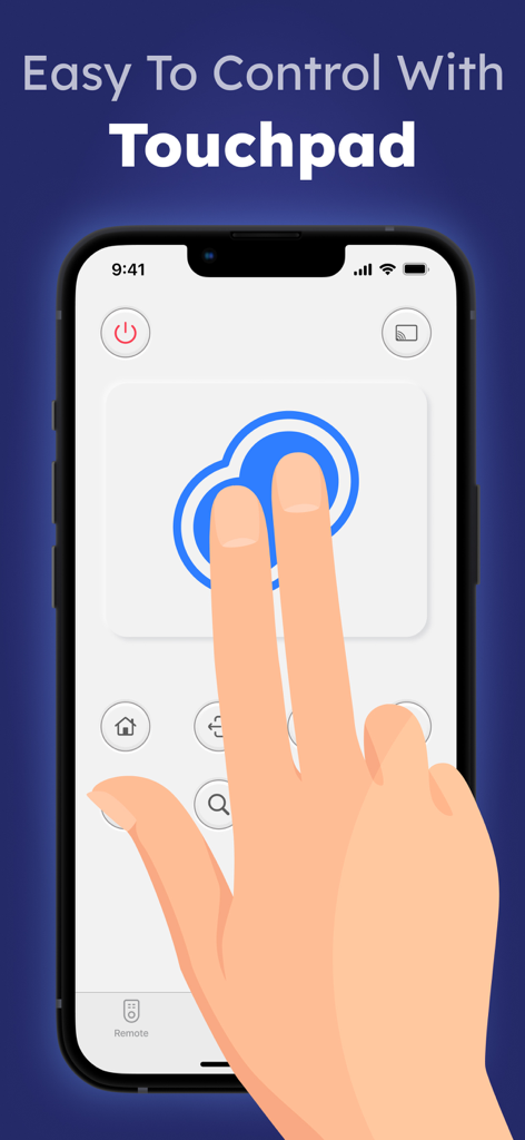 Sam TV Remote Control - A person using the touchpad navigation feature on the Sam TV Remote Control app on an iPhone.