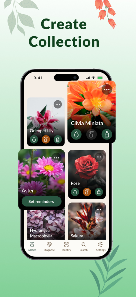 Uma tela de celular mostrando o recurso de coleção do aplicativo Plantaria com flores identificadas como lírios e rosas e ícones de lembrete de cuidados.