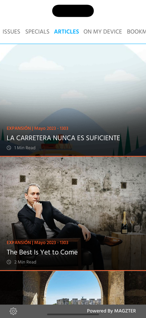 Screenshot of the articles section in the Revista Expansion business magazine app showing various headlines and business-related images.