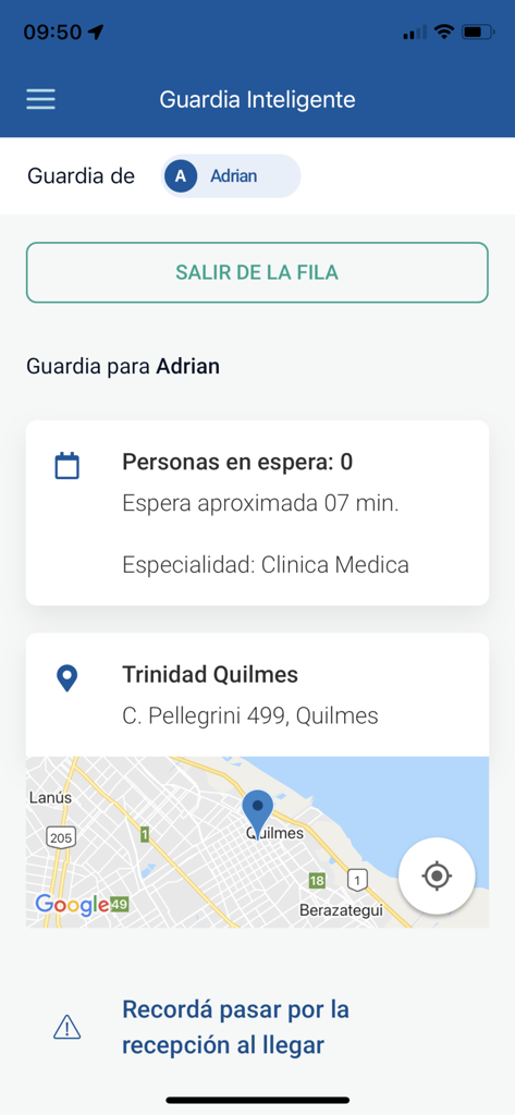 Sanatorios de la Trinidad - Pantalla de la app Sanatorios de la Trinidad que muestra el estado de espera en Urgencias en tiempo real y un mapa de ubicación del centro médico