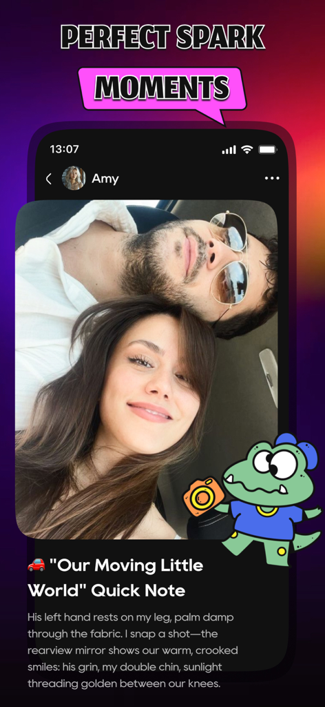 Truel: Share Snap, Meet People - A screenshot of the Truel app showing a journal entry with a photo of a couple and a quick note titled Our Moving Little World