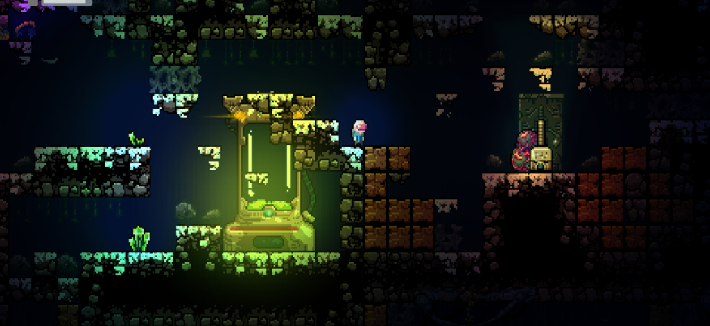 Residual - Explorador em pixel art descobrindo tecnologia alienígena brilhante em uma caverna subterrânea no jogo Residual.