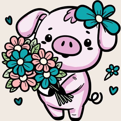 carton pig holding flowers