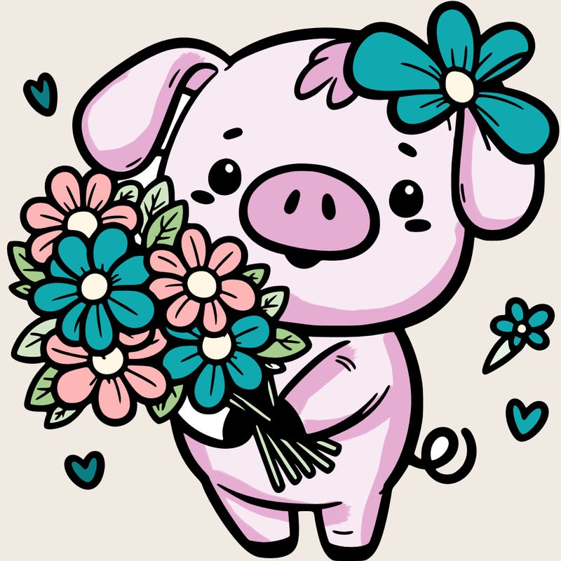 carton pig holding flowers