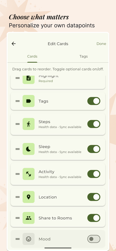 User interface of Highlight app showing customizable tracking cards for steps sleep and mood