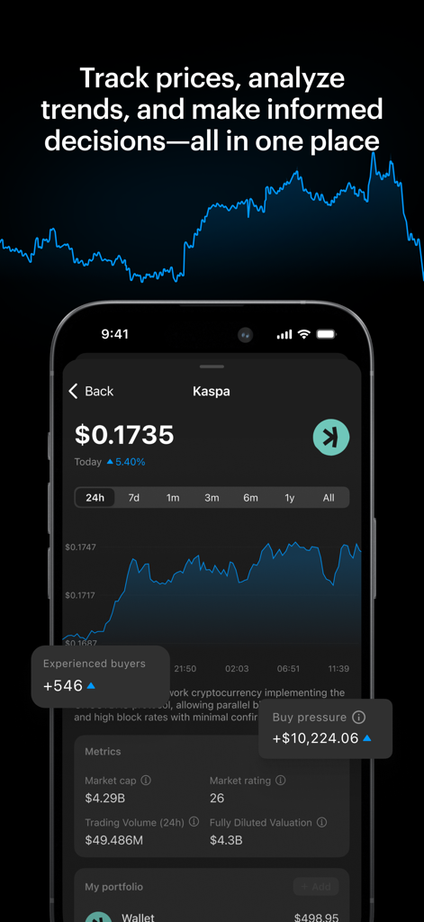 Interface of the Tangem app showing a cryptocurrency price chart and market analytics for Kaspa.