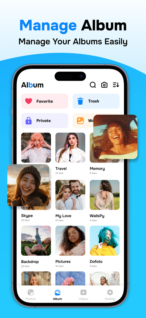 Gallery: Hide Photo Vault - Captura de pantalla de la aplicación Galería mostrando álbumes de fotos organizados y carpetas de bóveda privada