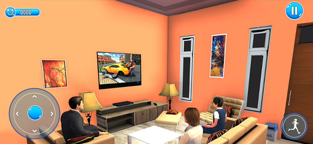 Happy Family Life: Mother Sim - Una familia virtual sentada en sofás en una sala de estar 3D viendo la televisión en un juego de simulación de vida.