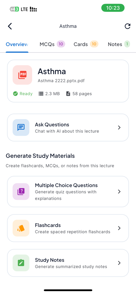 MEDGPTx - Interfaz de MEDGPTx que muestra opciones para generar tarjetas de IA y preguntas de práctica a partir de un PDF de conferencia médica