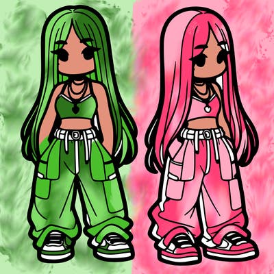 girl in baggy pants crop top and long hair