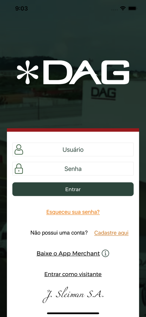 Pantalla de inicio de sesión de la aplicación B2B Dag Distribuidor para minoristas y dueños de negocios