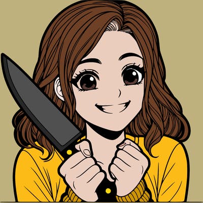 a realistic girl holding a knife and grinning
