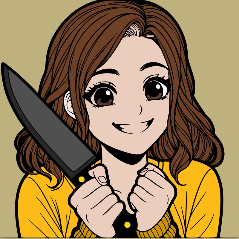 a realistic girl holding a knife and grinning