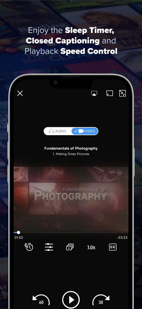 The Great Courses app interface showing video lecture controls for sleep timer, closed captioning, and playback speed.