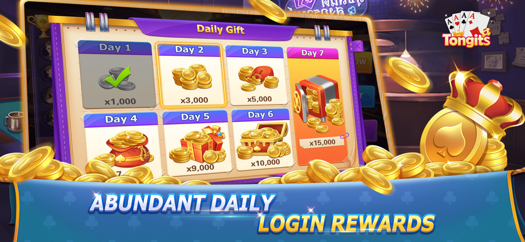 Tongits Deluxe: Fun Card Game - Pantalla de la aplicación Tongits Deluxe que muestra abundantes recompensas por inicio de sesión diario con monedas de oro.