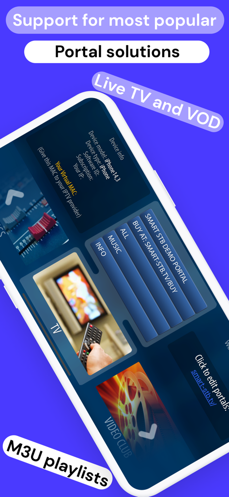 Smart STB - Smart STB app interface showing portal solutions and live TV features