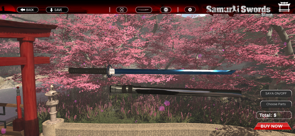 3D customization interface for a blue blade katana in a cherry blossom garden setting