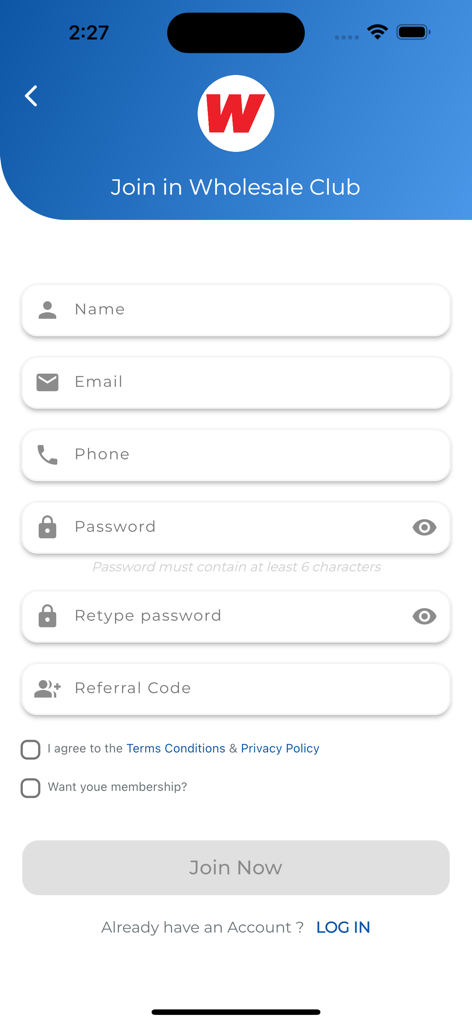 Modulo di registrazione dell'app Wholesale Club con campi per nome ed email