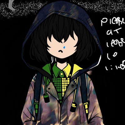 little anime girl in a raincoat her hair is covering her eyes she has a lighter