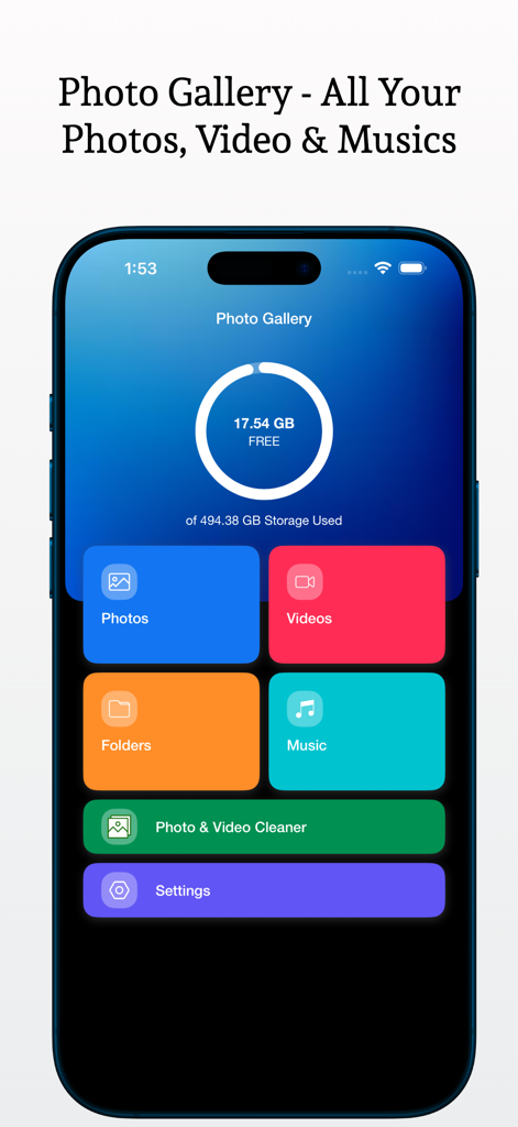 Photo Gallery - Media Manager - Panel de la aplicación Galería de Fotos y Gestor Multimedia que muestra el almacenamiento disponible y las categorías de medios como fotos, videos y música.