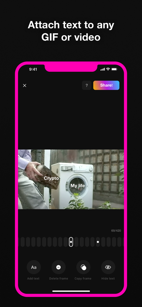 Memeo - Your meme maker - Memeoアプリのインターフェースで、動画ミームにモーショントラッキングテキストをアタッチする方法を表示