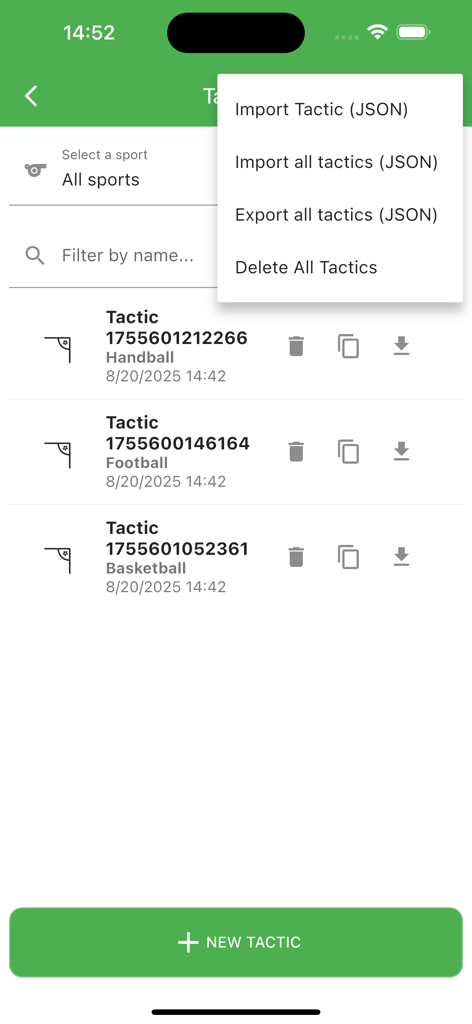 Pro Sport Tactic - Interface showing a list of saved tactics for different sports with options to import and export data