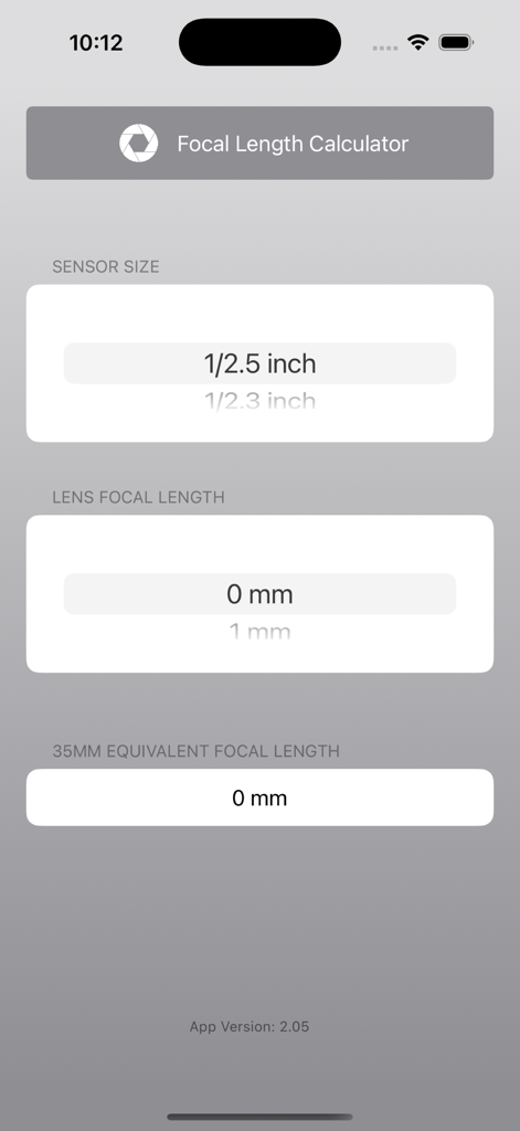 Exposure Calculator - Focal length calculator screen showing fields for sensor size and 35mm equivalent focal length