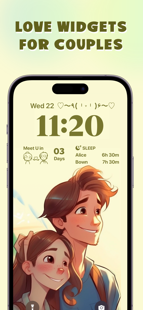 WidgyPal - Live Notes Widgets - iPhone lock screen showing WidgyPal customized widgets for couples including a sleep tracker and a meeting countdown