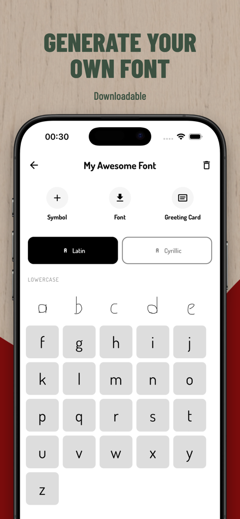 Mobile App-Oberfläche zum Erstellen einer benutzerdefinierten, herunterladbaren Schriftart aus persönlicher Handschrift.