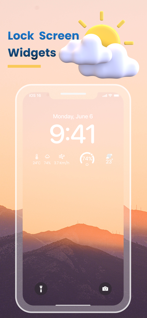 Weather Widget: Live Radar App - iPhone lock screen displaying custom weather widgets for temperature and wind speed