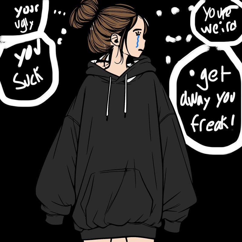 realistic girl with a oversized sweatshirt on and a bun