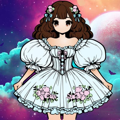 a girl in a dress with a puffy short skirt with flowers and a pretty corset that has long puffy sleeves thatare of the shoulder