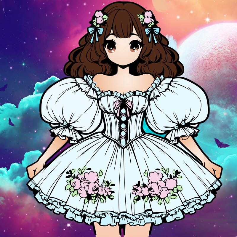 a girl in a dress with a puffy short skirt with flowers and a pretty corset that has long puffy sleeves thatare of the shoulder