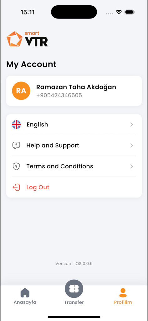 VTR Smart - VTR Smart app account settings screen showing user profile and support options