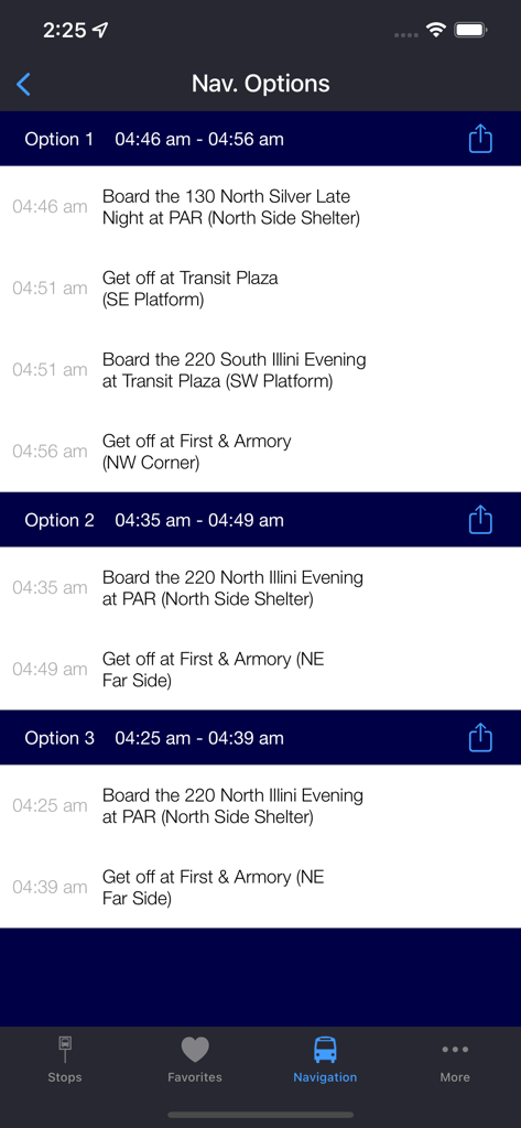 Navigation screen in the My Bus Helper MTD app showing different bus trip options and route details for Champaign Urbana