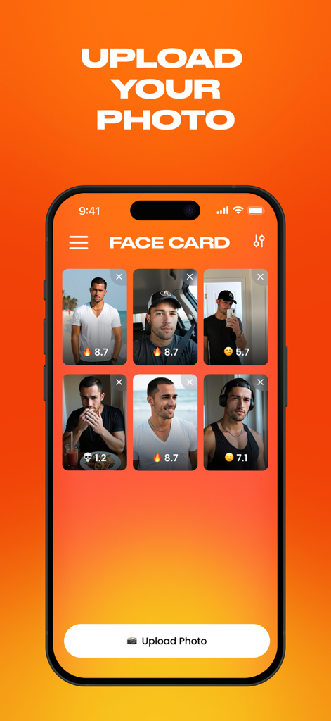 FACE CARD‎ - Una pantalla de aplicación móvil de Face Card que muestra una cuadrícula de fotos con valoraciones numéricas de IA.