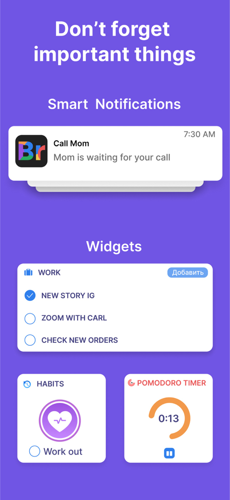 Brite app smart notifications and mobile widgets for tasks habits and pomodoro timer