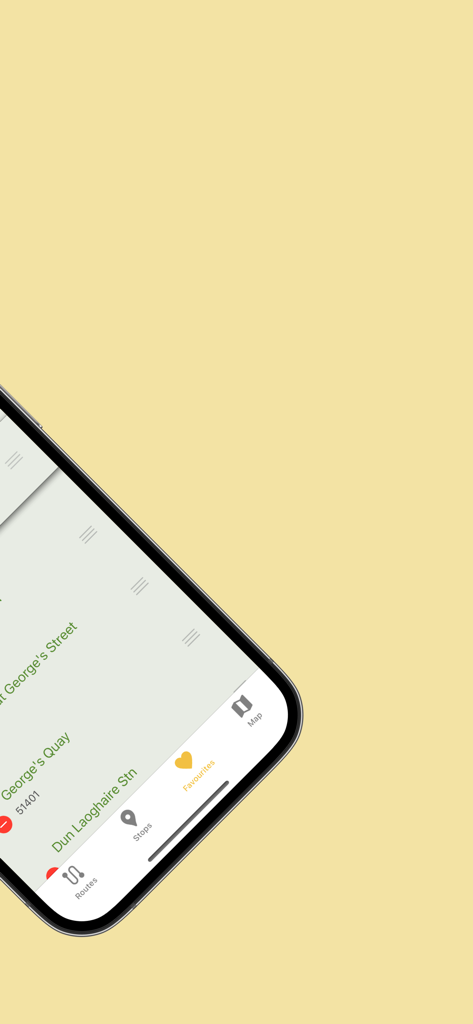 iPhone, das den Bildschirm mit den bevorzugten Bushaltestellen in der Next Bus Dublin und Ireland App-Oberfläche zeigt