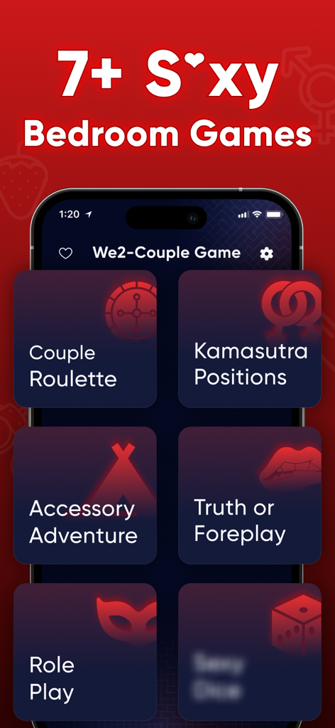 Interface do aplicativo móvel exibindo múltiplos jogos sensuais para quarto para casais adultos, incluindo kamasutra e roleplay
