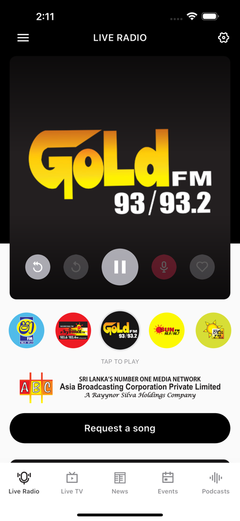 GoldFM Mobile - GoldFM Mobile app live radio player interface showing playback controls and station logos