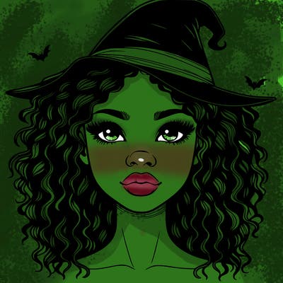 realistic black girl with wavy hair and witch hat and nose and lips