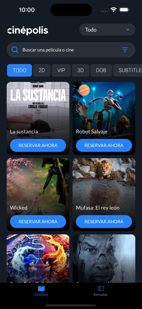Cinepolis El Salvador - Pantalla de listado y reserva de películas de la aplicación móvil Cinépolis El Salvador