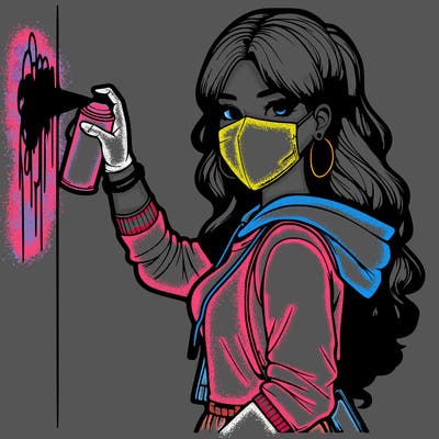 realistic girl with mask spray painting a wall