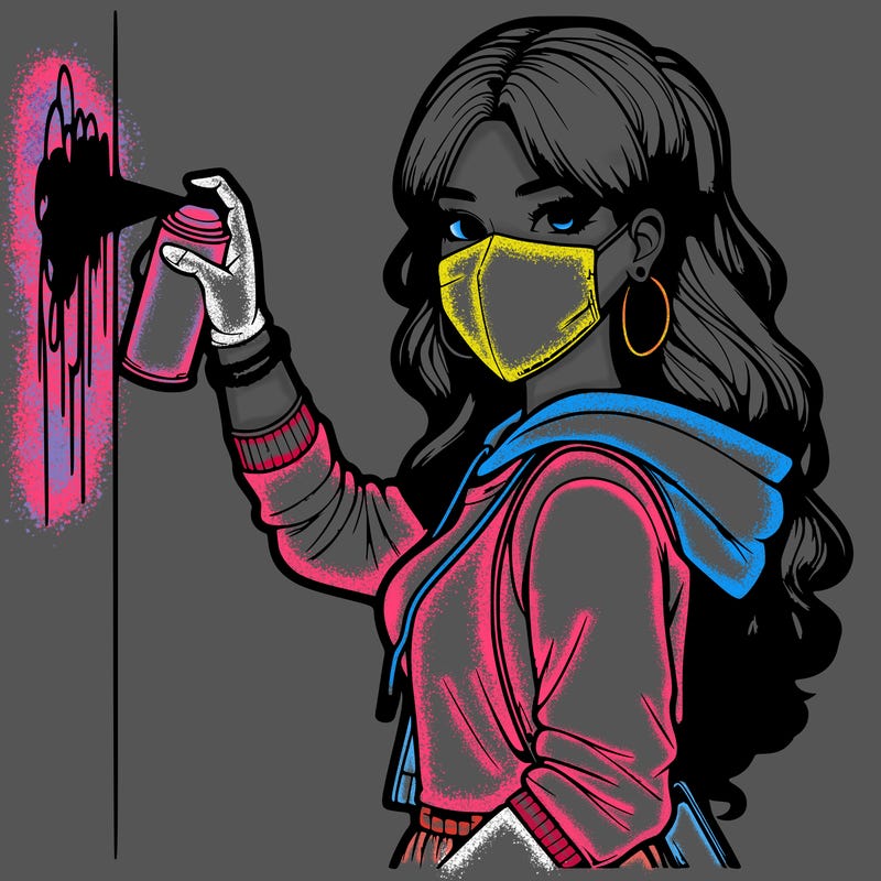realistic girl with mask spray painting a wall