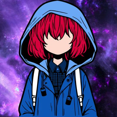 little anime girl in a raincoat her hair is covering her eyes she has a lighter