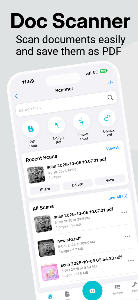 File Doctor - Interfaz de la aplicación File Doctor que muestra la función de escáner de documentos con una lista de escaneos recientes de PDF y herramientas de productividad