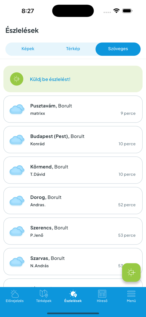 Köpönyeg - Köpönyeg app interface showing real-time weather observations from users in different Hungarian cities.