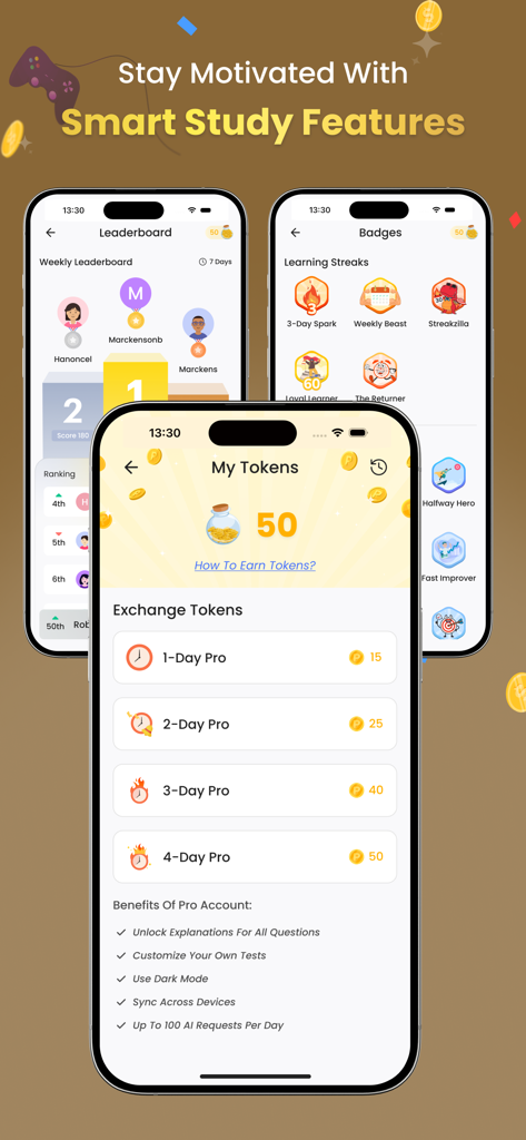 ASVAB Practice Test By ABC - Mobile app screens showing ASVAB practice leaderboard, achievement badges, and token exchange for pro features.