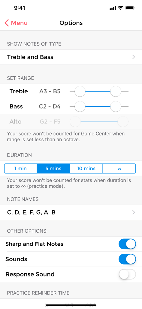 Music Tutor Plus - Music Tutor Plus app options screen for setting note ranges and session duration