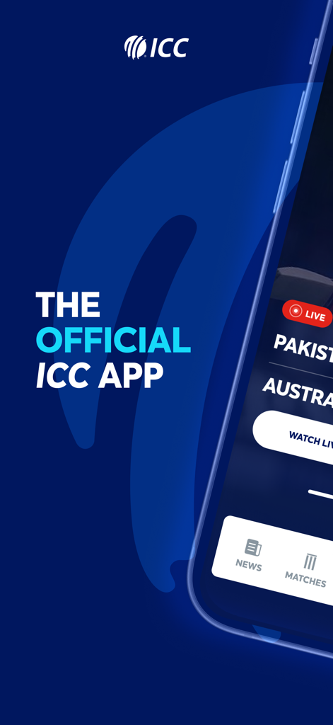 Official ICC app interface showing live match updates and cricket news